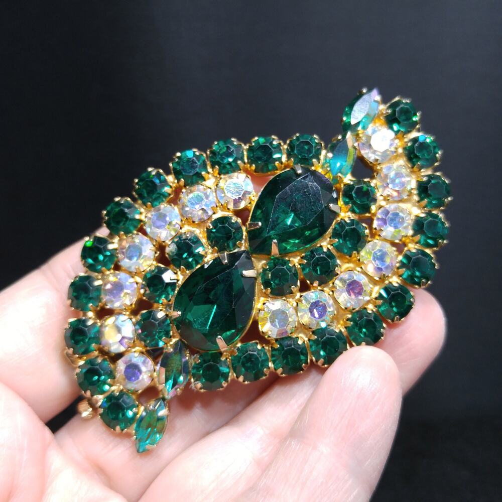 Vintage Green Rhinestone Swirl Brooch AB Crystal Gold Tone Pin